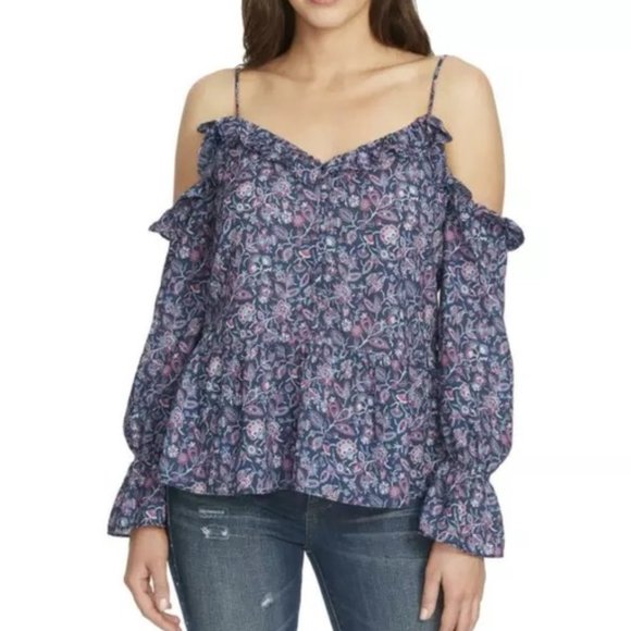 William Rast Tops - NWT Blue Floral Cold Shoulder Bishop Sleeve Blouse